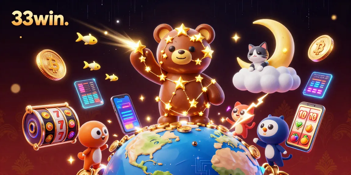Experience the magic of 33win., as the constellation bear collects coins amidst a vibrant casino.