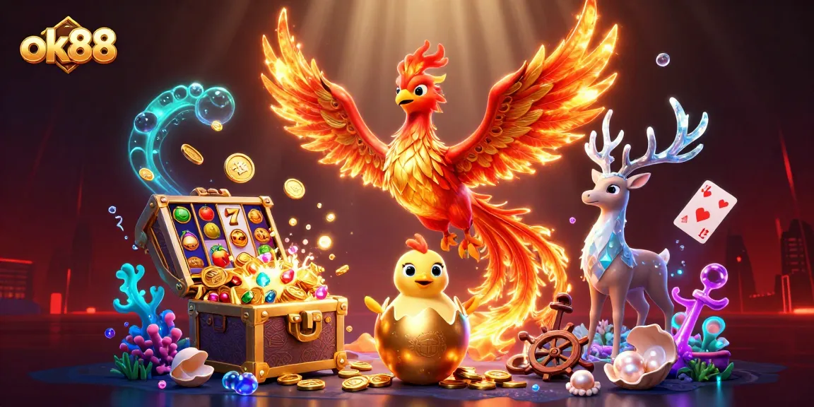 Engage with ok88's thrilling slots featuring a fiery phoenix and dazzling treasures.