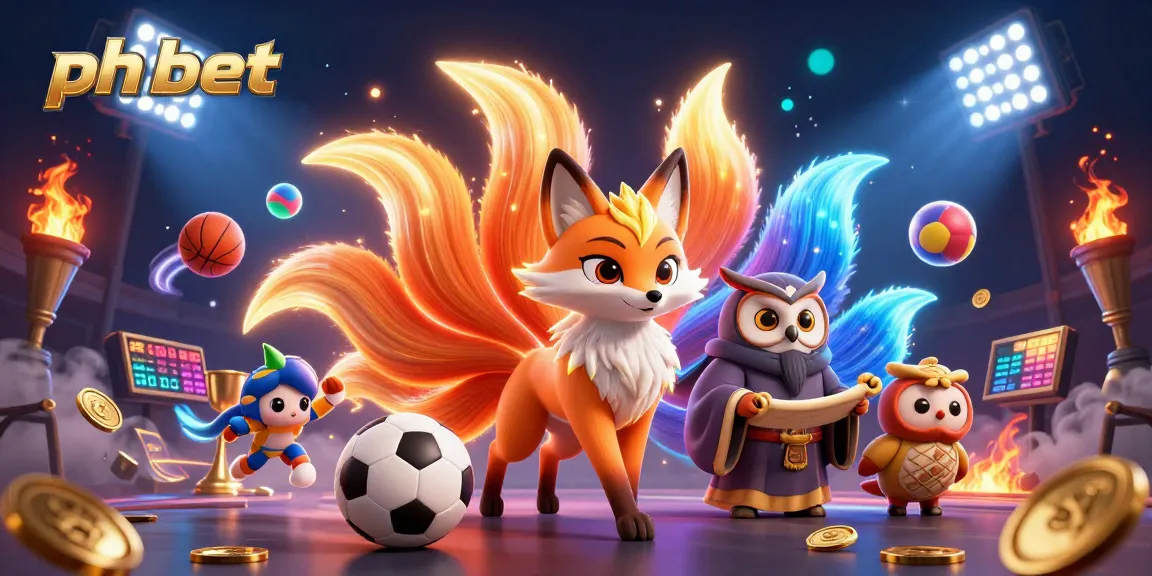 Bet on ph bet with a vibrant 3D illustration of a nine-tailed fox and sports elements.
