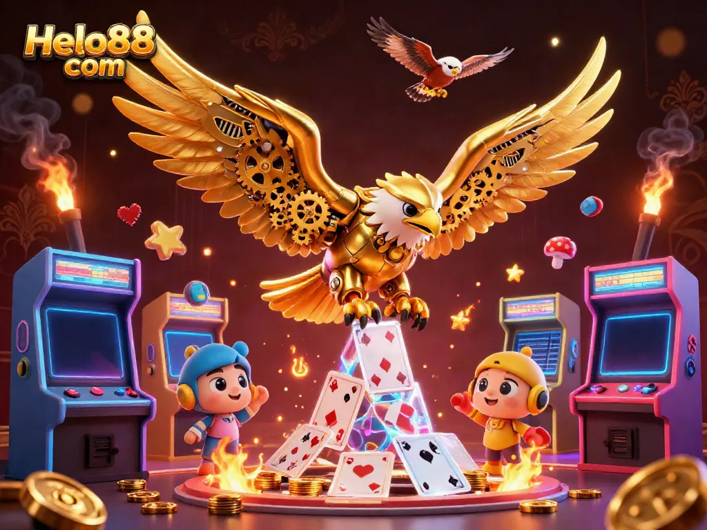 Experience exciting gameplay at Helo88 com with dynamic golden eagle amidst vibrant arcade elements.