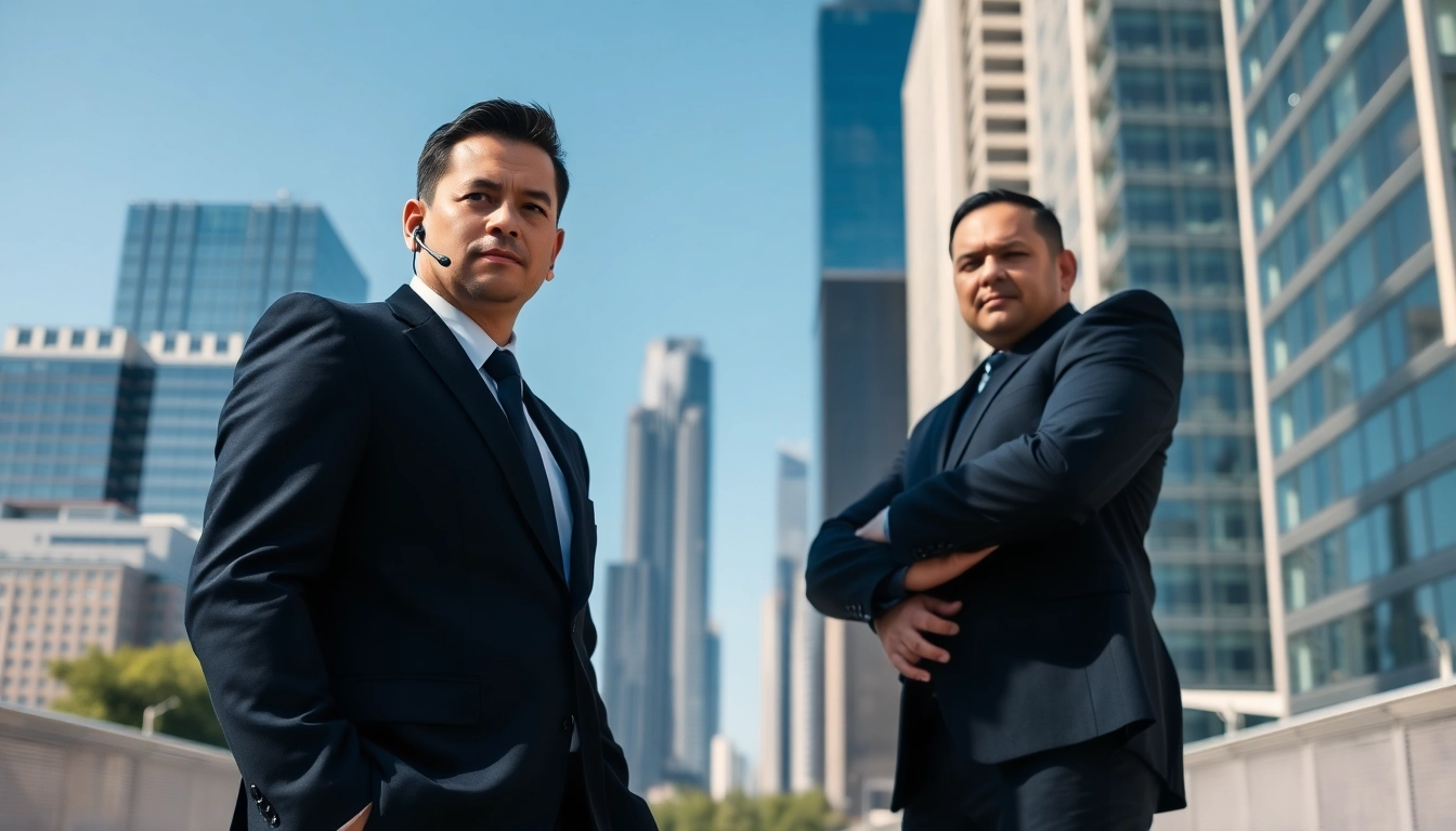 Bodyguards for hire maintaining vigilance in an urban setting, exuding professionalism and security.