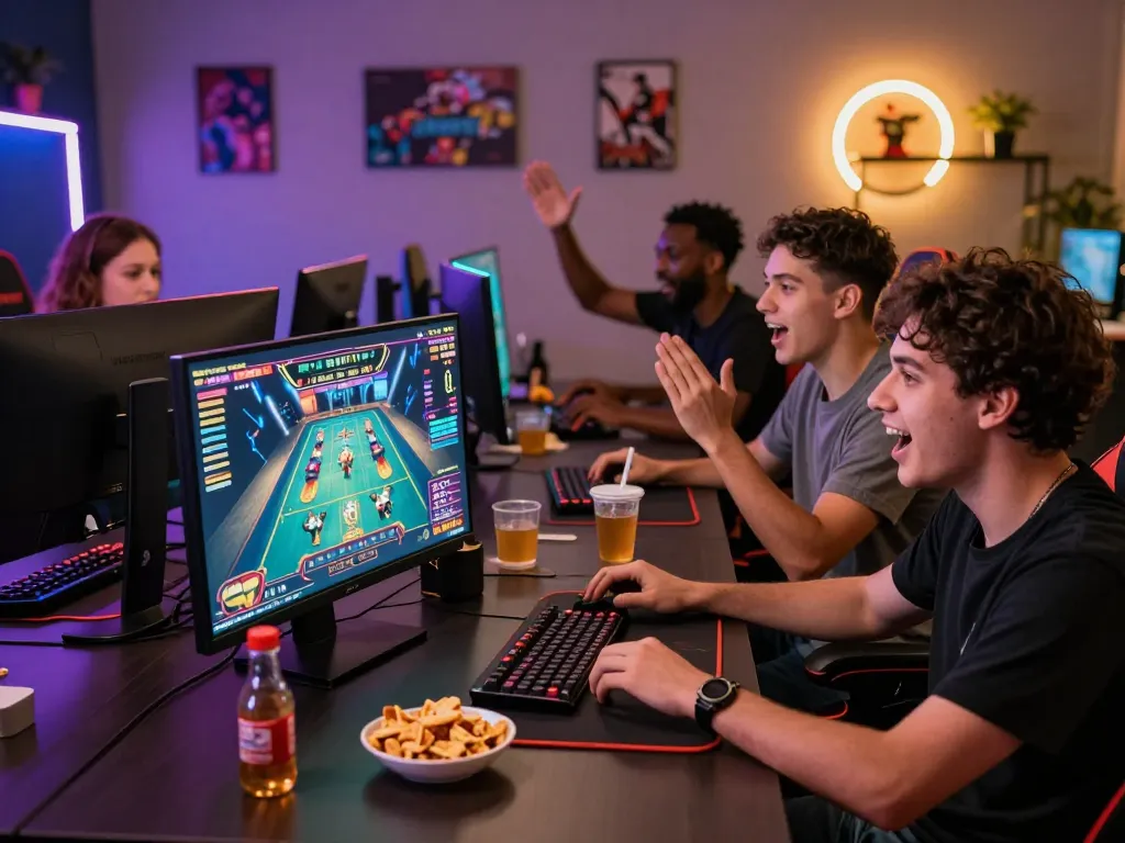 A diverse group playing exciting casino games online on AQ777 with vibrant graphics during a gaming night.