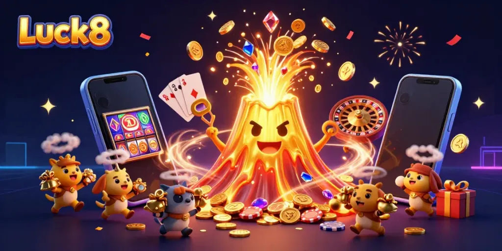 Experience the thrill at Luck8’s vibrant casino with a golden volcano, treasure, and animated games.
