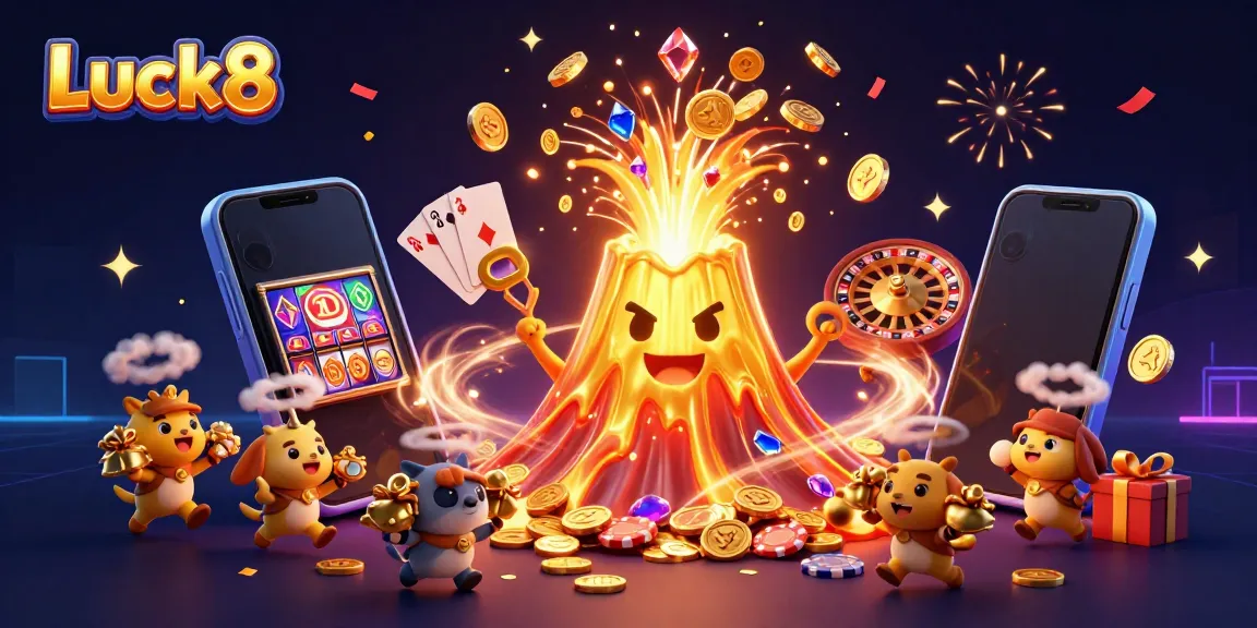 Experience the thrill at Luck8’s vibrant casino with a golden volcano, treasure, and animated games.