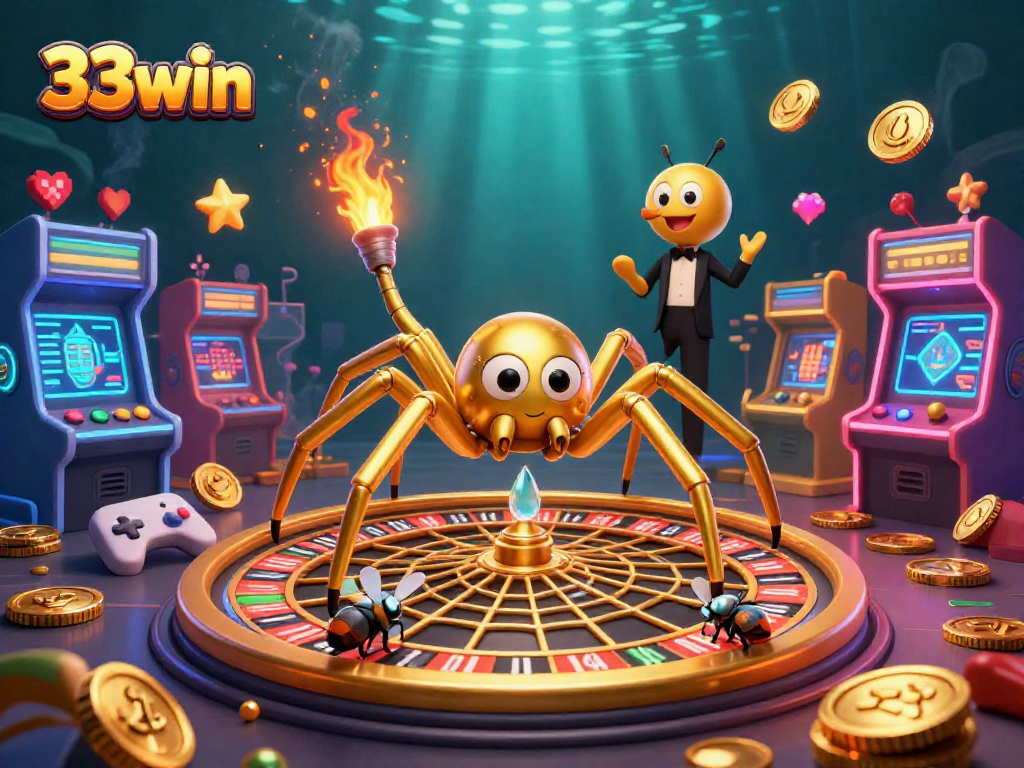 Experience thrilling bets at 33win with a dynamic casino scene featuring a golden spider and colorful games.