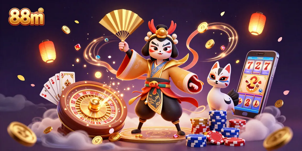 Experience the thrill of 88m with kabuki warriors, golden coins, and casino elements in a vibrant scene.