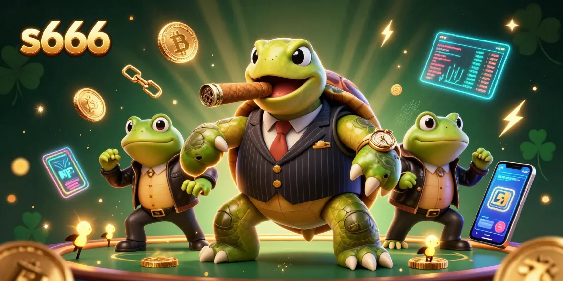 Experience thrilling odds with S666 at this vibrant casino scene featuring dynamic characters and crypto elements.