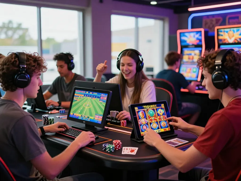 Exciting gaming experience with TG88 players engaging in online betting games in a bright casino environment.