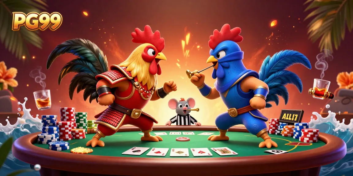 Experience PG99's thrilling online action with vibrant roosters in a dramatic gambling scene.