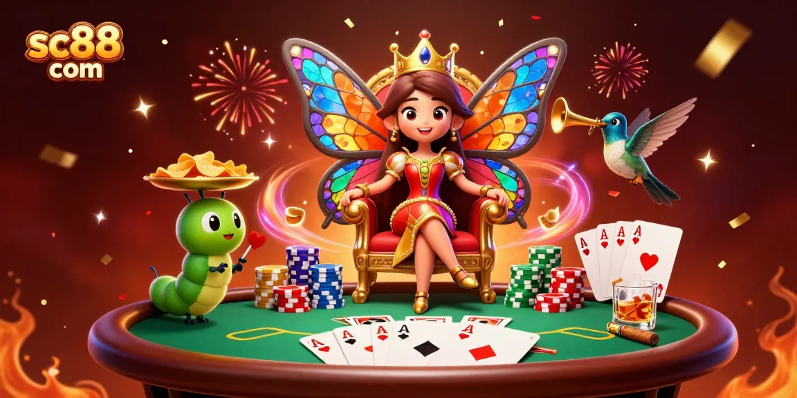 Experience thrilling gameplay with sc88 com's butterfly queen and poker elements in this vibrant casino scene.