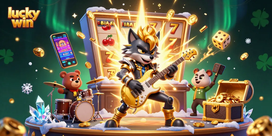 Experience lucky win with vibrant gaming action, where a rock star wolf and bear drum on stage, surrounded by slot machine treasures.