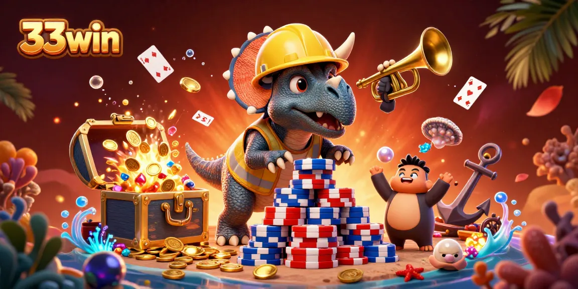 Experience the thrill with 33win, featuring 3D cartoon characters in a vibrant casino scene.