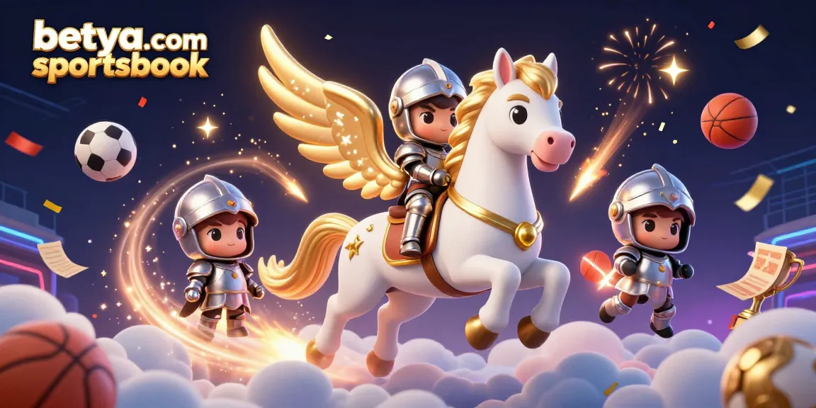 Experience betting excitement with betya.com sportsbook—action-packed sports scene, trophies, and betting slips.