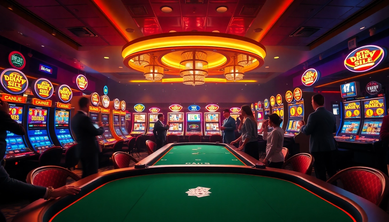 Casino en ligne fiable avec joueurs heureux autour de machines à sous et tables de poker.