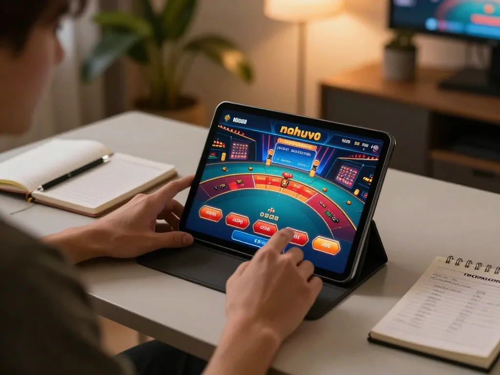 Casino player enjoying nohu90 gaming on tablet, showcasing a cozy home environment and strategy notes.