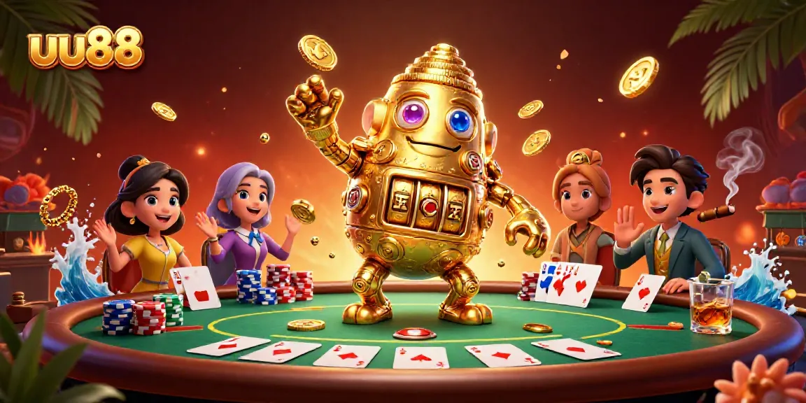 Experience thrilling moments with uu88, showcasing dynamic golden golem and vibrant poker elements.