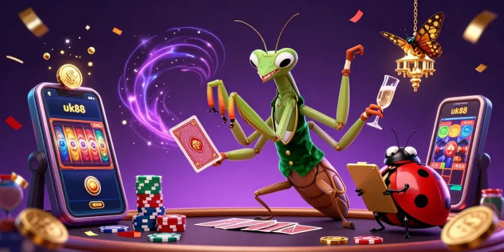 uk88 casino fun with a giant mantis and ladybug characters celebrating, showcasing thrilling gaming elements.