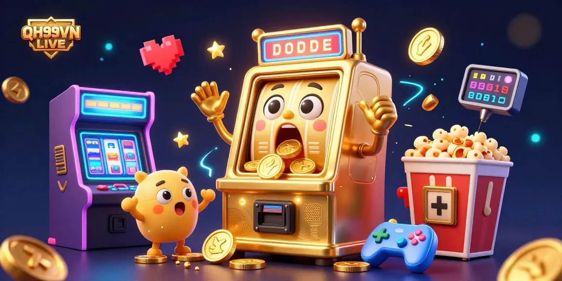 Experience the excitement of QH99VN LIVE as a golden slot machine hits the jackpot, surrounded by cheering characters.