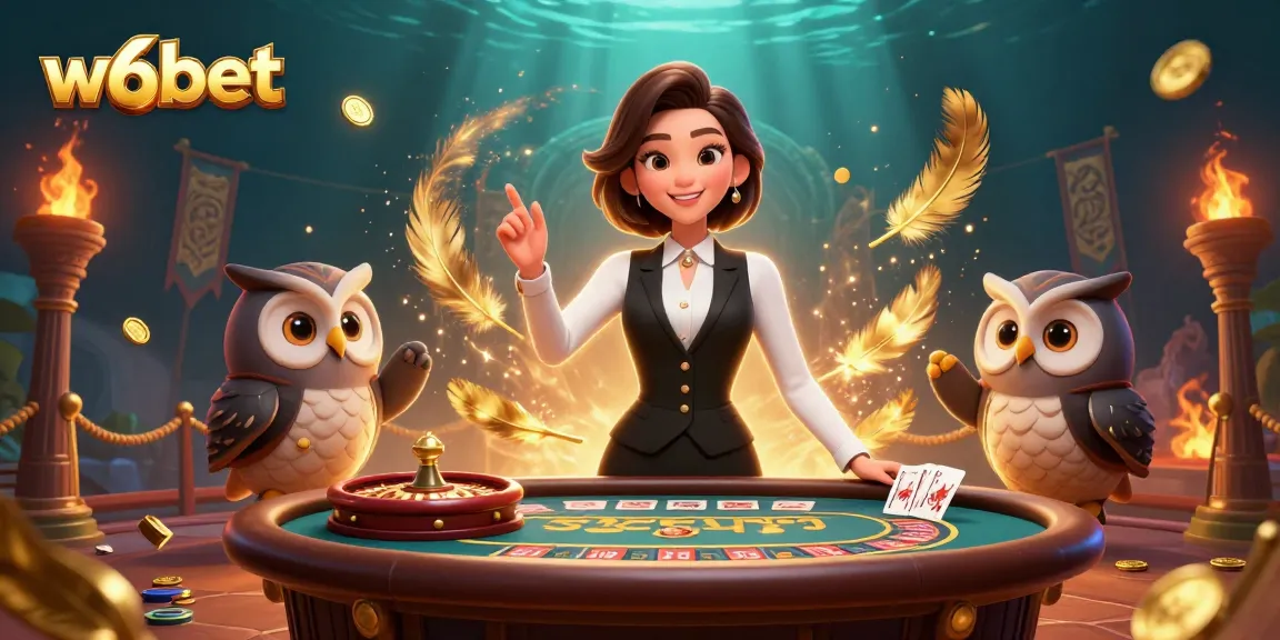 Envolva-se na experiência do cassino w6bet com um dealer e um assistente coruja na mesa de bacará.