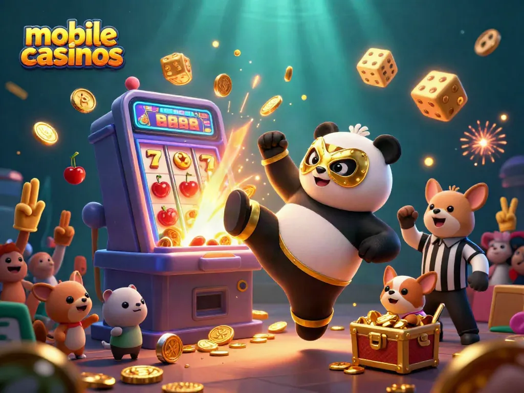 Engaging scene showcasing mobile casinos with animated characters enjoying casino games surrounded by jackpots and colorful symbols.