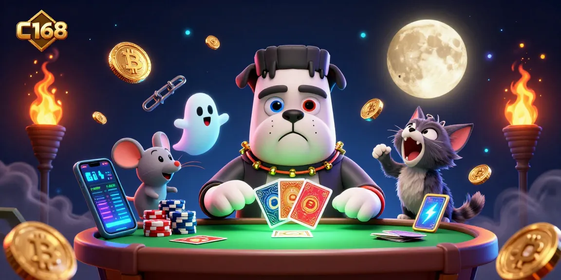 Bet gamers on C168 play cards at a spooky table amid Halloween-themed characters and crypto elements.