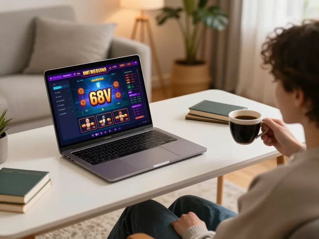 Player engaging with 688V online casino while enjoying a cozy home environment, showcasing vibrant gaming features.