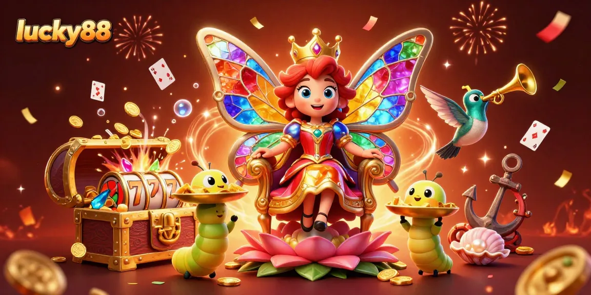 Spin to win with the lucky88 butterfly queen in a vibrant casino-themed scene.