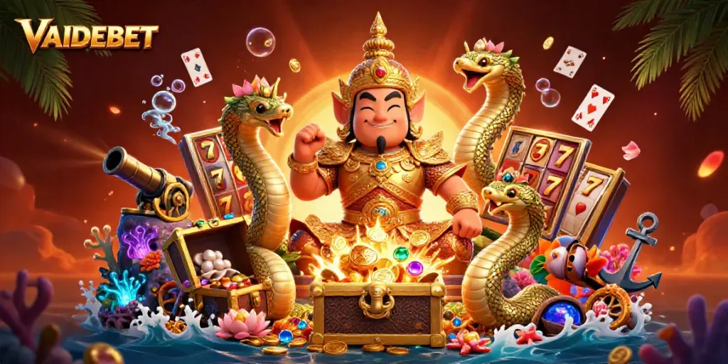 Experience the excitement of VAIDEBET with vibrant casino-themed illustration featuring lucky charms and treasures.
