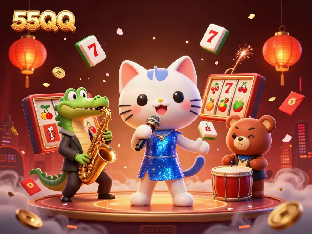 Engaging 3D scene of 55QQ characters performing at a vibrant casino, showcasing lively gaming elements.