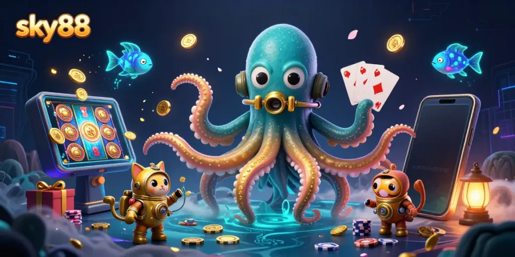 Engage in exhilarating gameplay at sky88 with an underwater scene featuring a kraken and diving cat amidst casino elements.