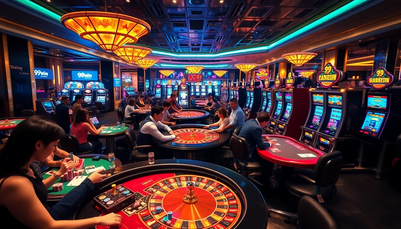 Casino enthusiasts enjoying games at 99win, surrounded by vibrant tables and slot machines.