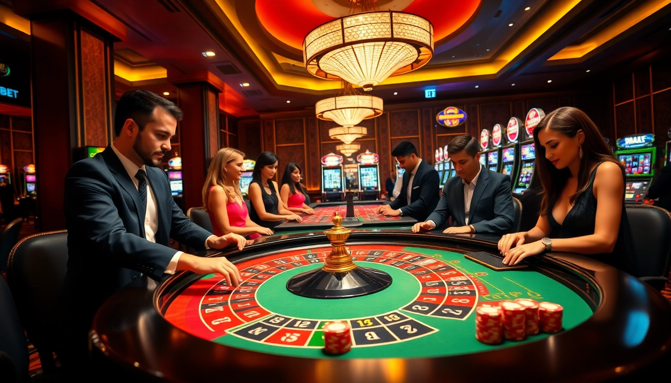 Engaged players enjoying a game at thabet.com, surrounded by vibrant casino visuals and poker chips.
