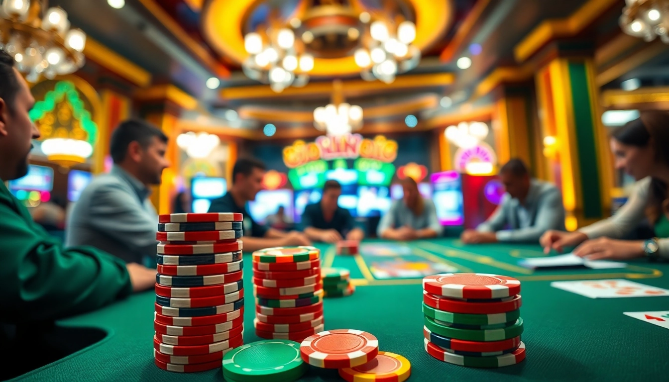 Jouez aux jeux de casino en ligne meilleurs bonus avec des jetons colorés et une ambiance animée.