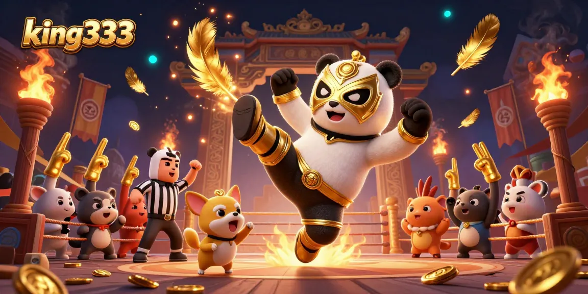 Engage in thrilling action at king333 with a flying panda wrestler and cheering animal spectators in a dynamic casino scene.