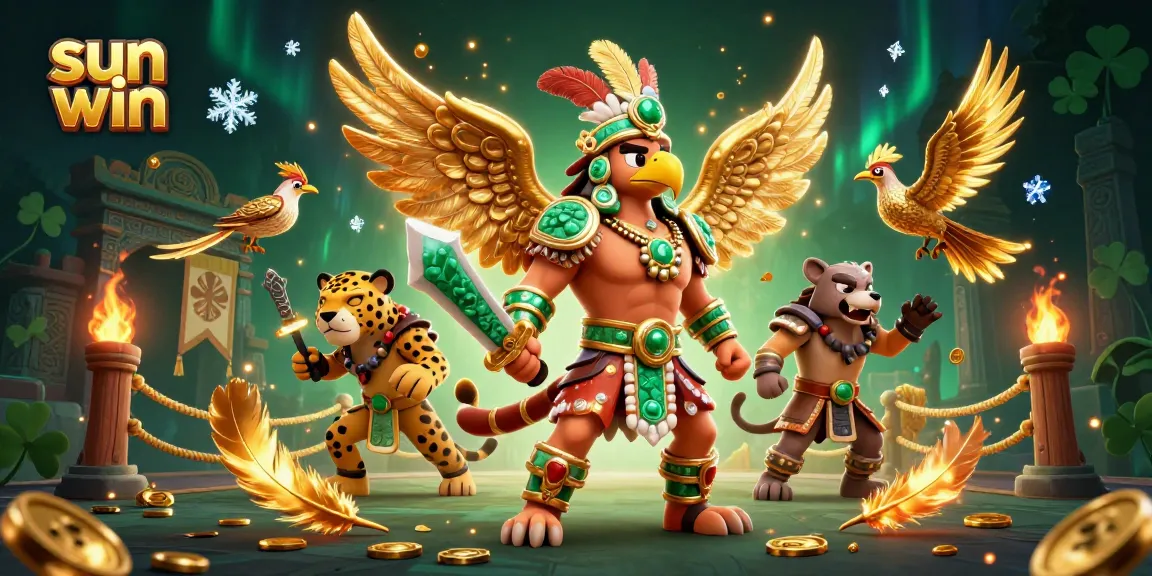 Engage in winning strategies at sun win with Aztec warriors and gold coins swirling around them.