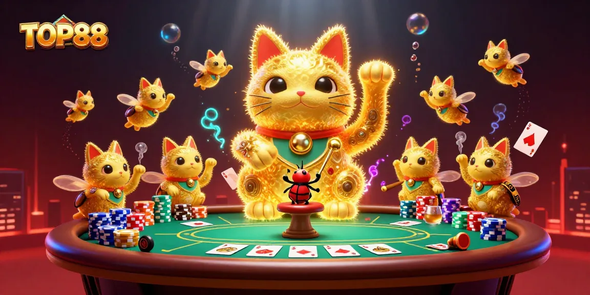 Experience the excitement with TOP88's vibrant casino atmosphere featuring slot symbols and dynamic characters.