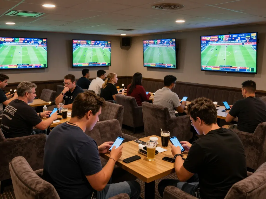 Socolive streaming live football matches in a vibrant sports betting lounge with excited bettors.