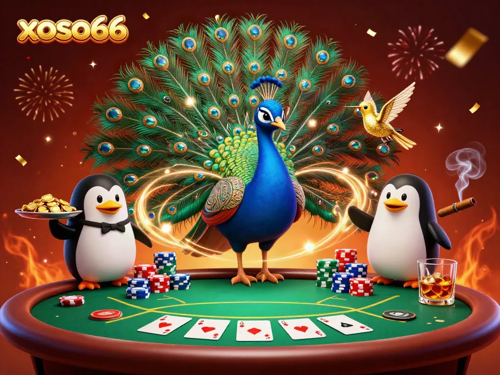 Engage with xoso66 as a peacock, butler penguin, and hummingbird celebrate poker wins amidst colorful chips.