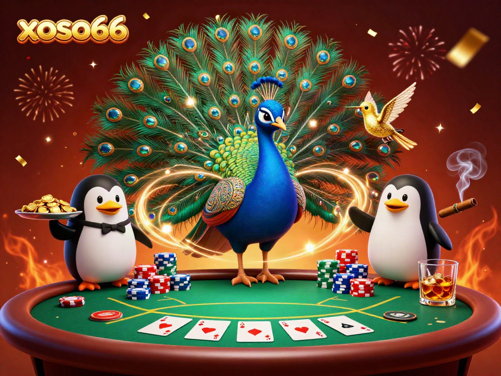 Engage with xoso66 as a peacock, butler penguin, and hummingbird celebrate poker wins amidst colorful chips.