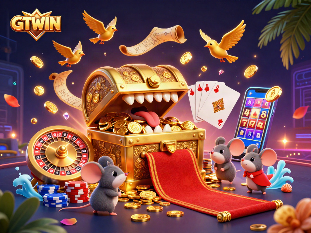 Spin the reels with GTWIN as shiny treasures dazzle from a 3D treasure chest and vibrant casino elements