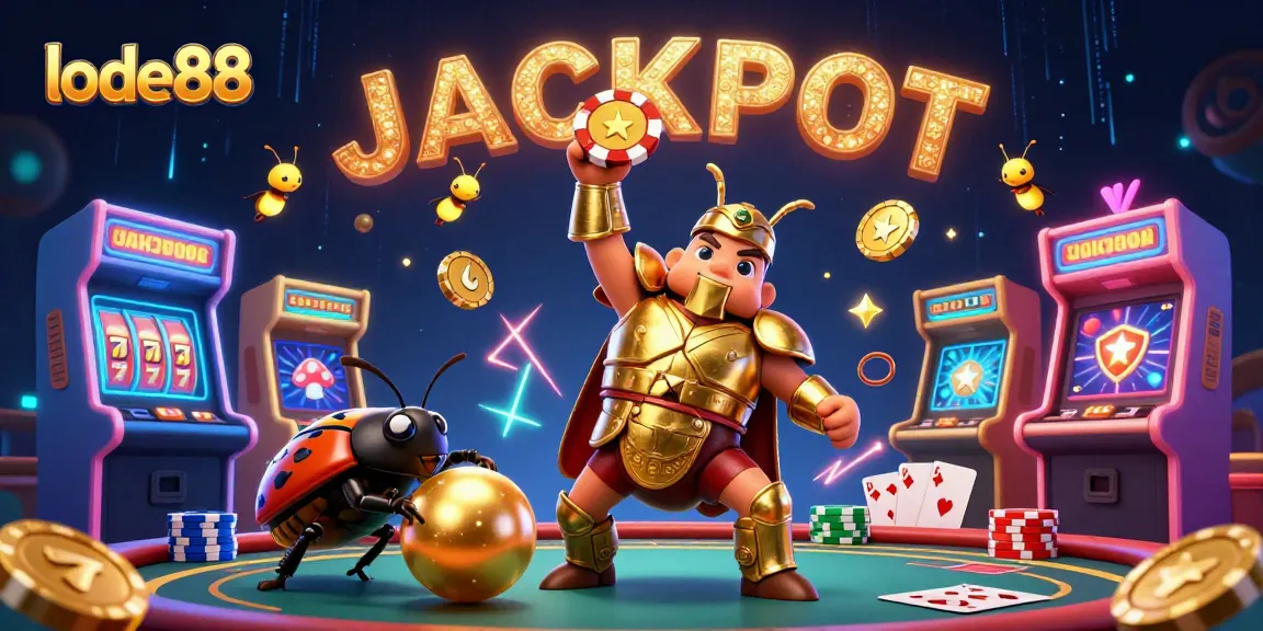 Experience the thrill of lode88 as our victorious beetle lifts a poker chip amidst a vibrant casino scene.