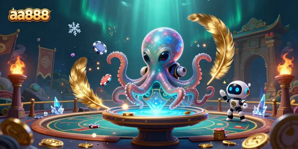 Engaging alien octopus at a holographic poker table in a vibrant cosmic scene featuring aa888.