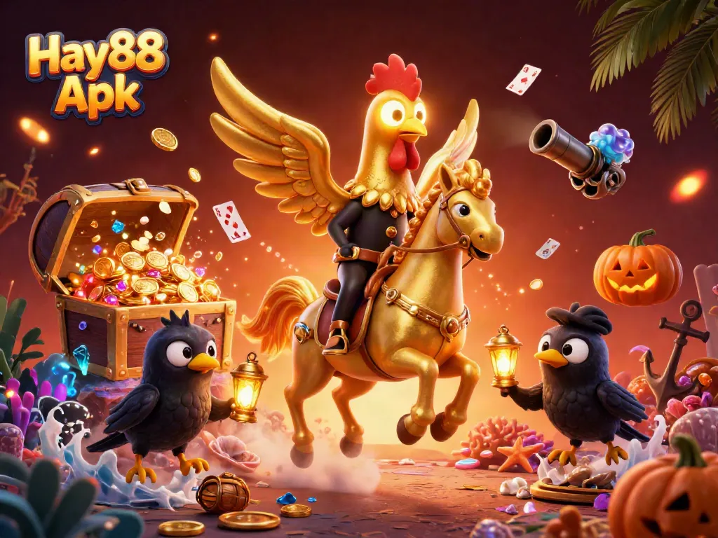 Experience excitement with Hay88 Apk: a dynamic casino scene featuring unique characters and vibrant treasures.