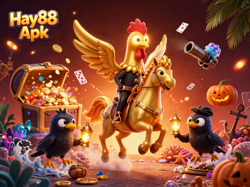 Experience excitement with Hay88 Apk: a dynamic casino scene featuring unique characters and vibrant treasures.