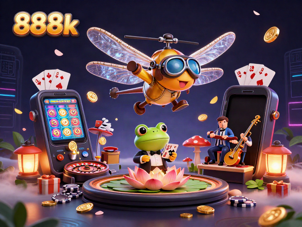 Experience thrilling gaming moments with lively 888k casino characters amidst dynamic slot and card elements.