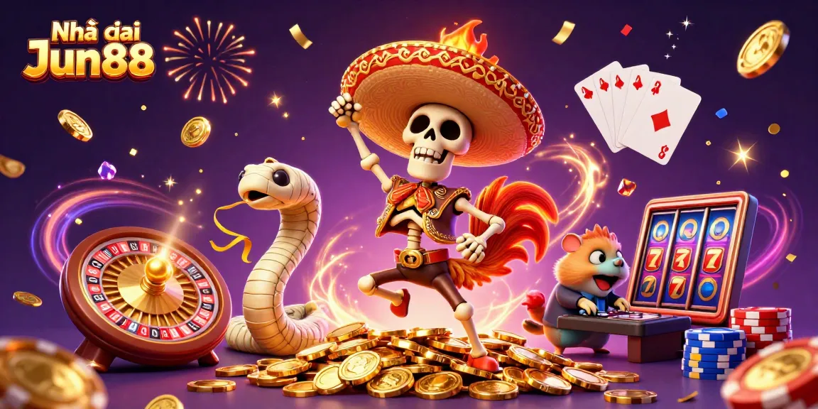 Experience the excitement at Nhà cái Jun88 as a cartoon rooster celebrates winning in a vibrant casino scene.