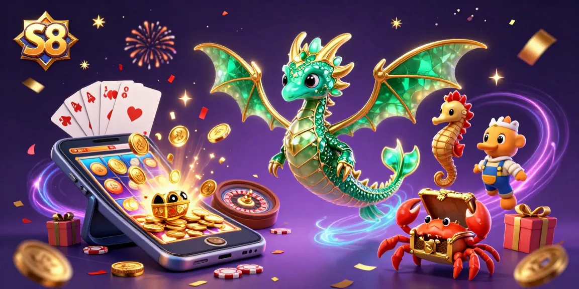 S8 players explore treasures with a 3D sea dragon and vibrant casino elements in an exciting gambling scene.