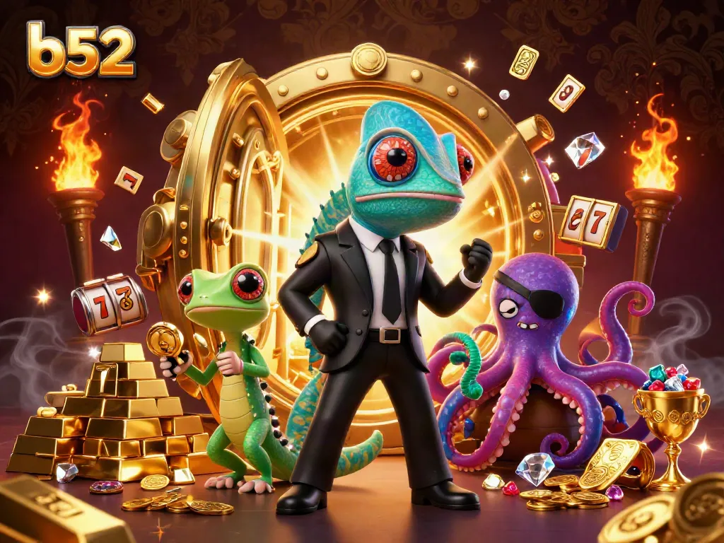 B52 showcases thrilling slot gameplay with a colorful bond-style secret agent and captivating golden treasures.