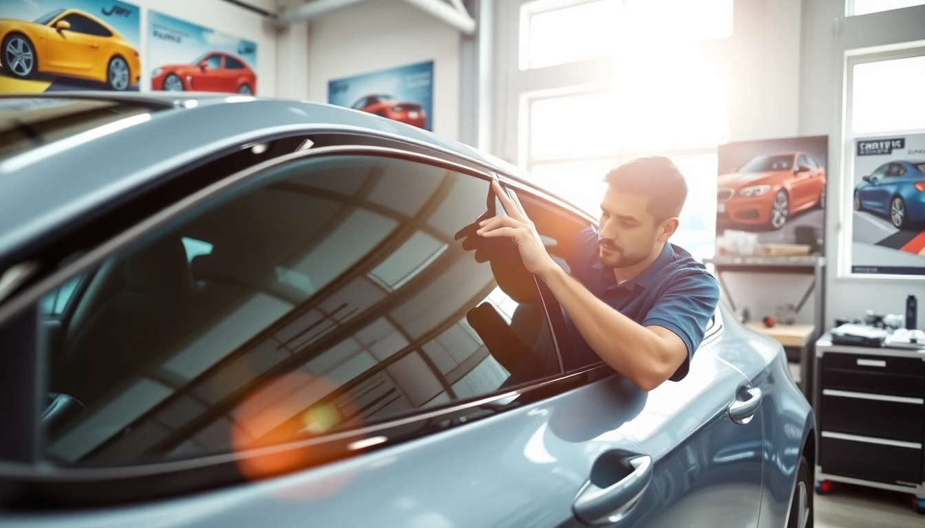 Applying high-quality window tint near me on a sleek vehicle in a bright, modern garage.