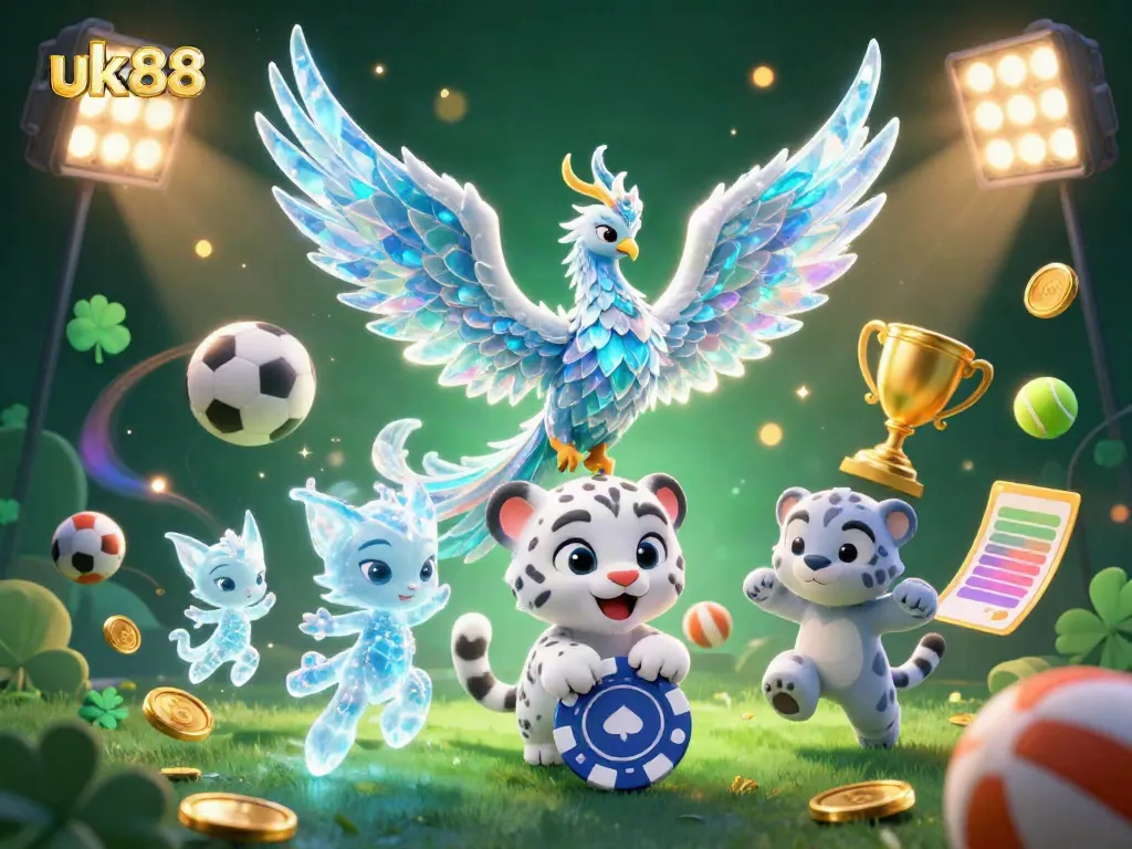 Engage with uk88's thrilling gaming experience featuring vibrant casino characters and dynamic sports elements.